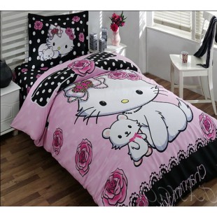 Розово-черное постельное белье с Hello-Kitty в горошек
