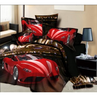 Постельное белье темно-коричневого цвета с красной машиной 3D сатин