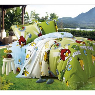 Зеленое с голубым постельное из фланели с Angry Birds