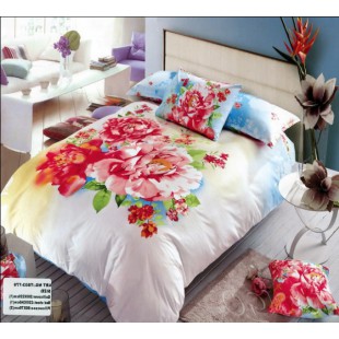 Сатиновое постельное белье с рисунком букета из роз на бело-голубом фоне