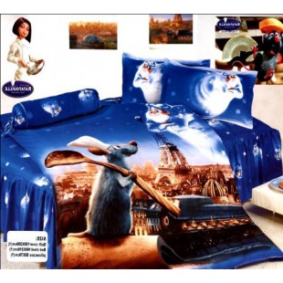 Постельное белье с мышонком из мультфильма "Рататуй" темно-синее из сатина