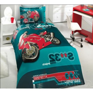 Изумрудное постельное белье с красным мотоциклом для подростка