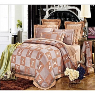 Жаккардовое постельное белье персиково-серое с принтом Louis Vuitton