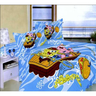 Комплект детского постельного белья "Губка Боб на рыбалке" из сатина голубое