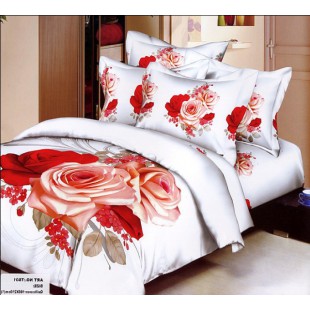 Постельное белье - Персиковые и красные розы 3D сатин белого цвета