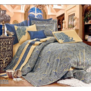 Золотисто-синее постельное люкс класса с покрывалом 10 предметов - восточные мотивы