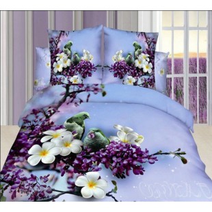 Нежно-голубое постельное белье с птичками на ветке сирени из сатина