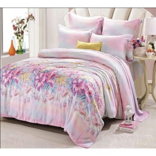 Комплект постельного белья из натурального эвкалиптового волокна розово-лазурной расцветки с цветочным рисунком