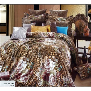 Коричнево-леопардовое постельное с бирюзовыми вставками и бежевыми цветами