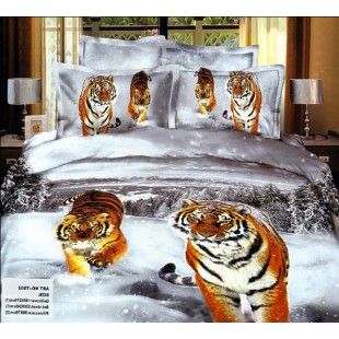 Постельное белье - Тигры в снежном лесу 3D сатин серого цвета