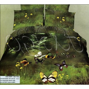 Природное постельное белье с зеленой травкой и бабочками