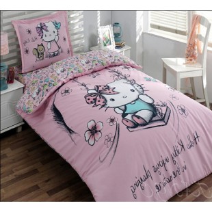 Нежно розовое постельное с Китти на качелях