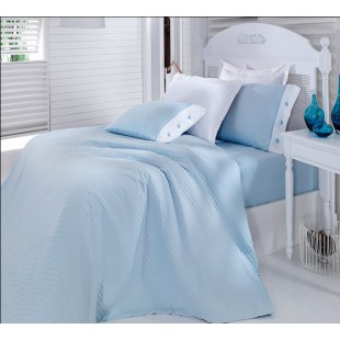 Набор постельного белья с вафельным покрывалом голубой из сатина