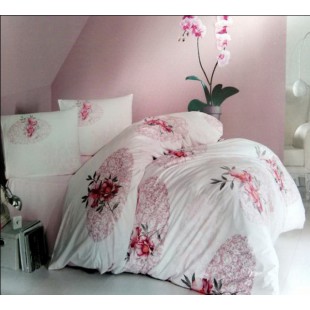 Бело-розовое постельное белье из турецкого ранфорса с крупным цветочным рисунком