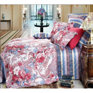 Великолепное постельное белье для королей - гобелен полосы и цветы синяя гамма