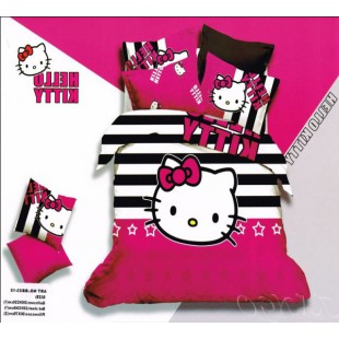  Постельное белье цвета фуксии и черно-белыми полосками с Hello Kitty сатин